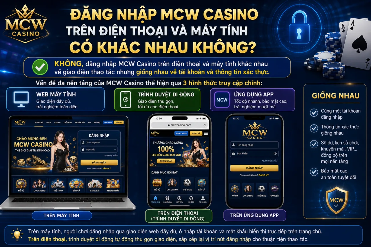 Đăng Nhập MCW Casino Trên Điện Thoại Và Máy Tính Có Khác Nhau Không? Đăng Nhập MCW Casino Trên Điện Thoại Và Máy Tính Có Khác Nhau Không?